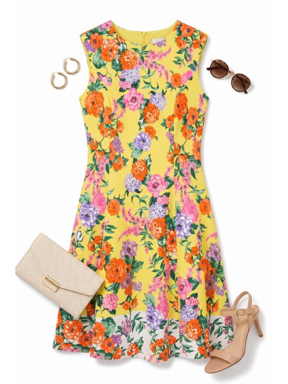 London Times Womens Size 24W Yellow Floral Fit Flare Midi Dress Sleeveless NWT - Picture 4 of 7